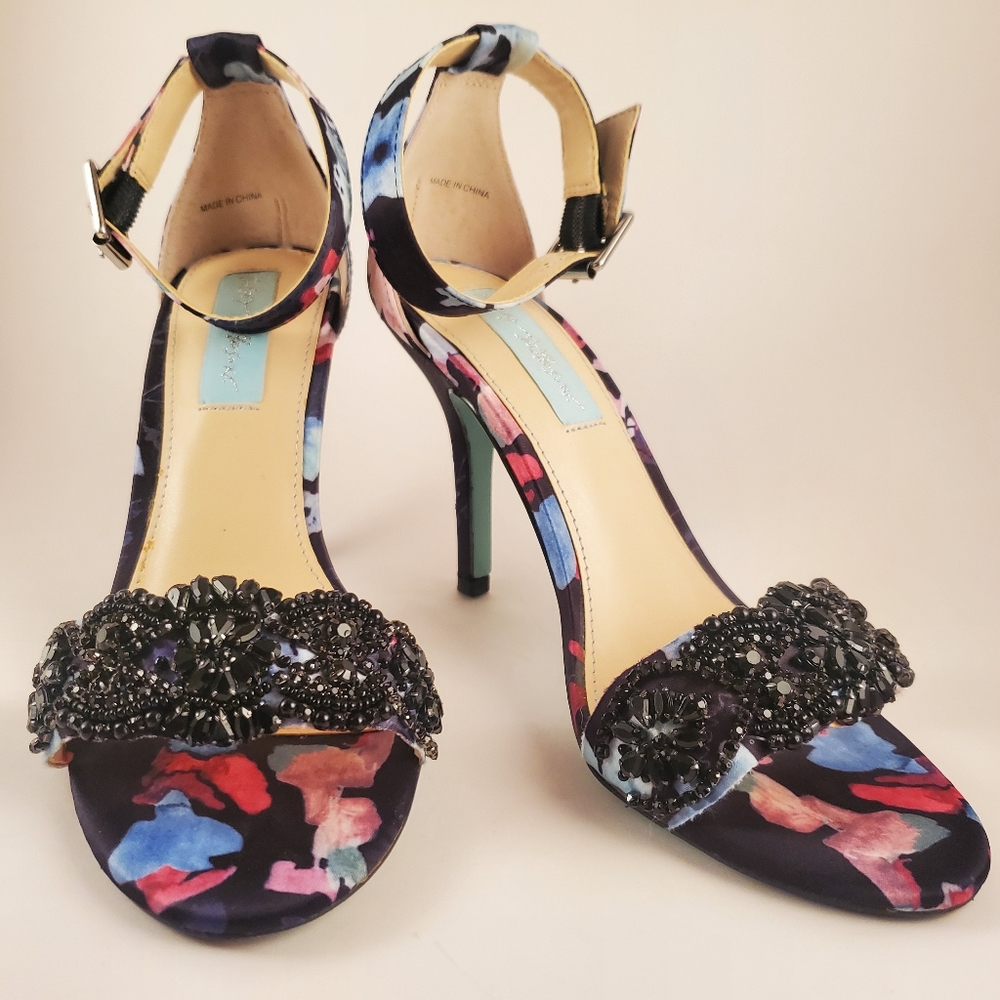 Betsey Johnson Floral Evening Heels with Black Beading and Ankle Strap - Size 6